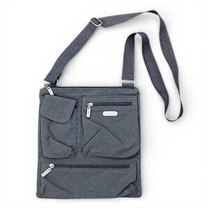 Gray Baggallini Crossbody Travel Bag with Pink Lining and lots of Pockets